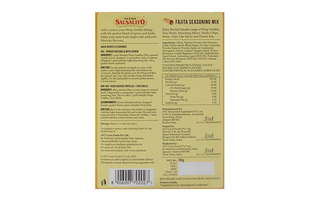 Salsalito Fajita Seasoning Mix    Box  30 grams